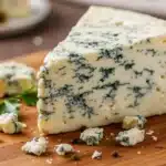Blue cheese wedge on a wooden board with herbs and olives