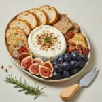 Creamy Port Wine Cheese Spread served with crackers and fresh fruit on a wooden board.