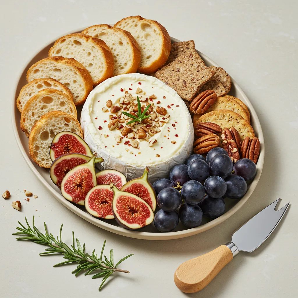 Creamy Port Wine Cheese Spread served with crackers and fresh fruit on a wooden board.