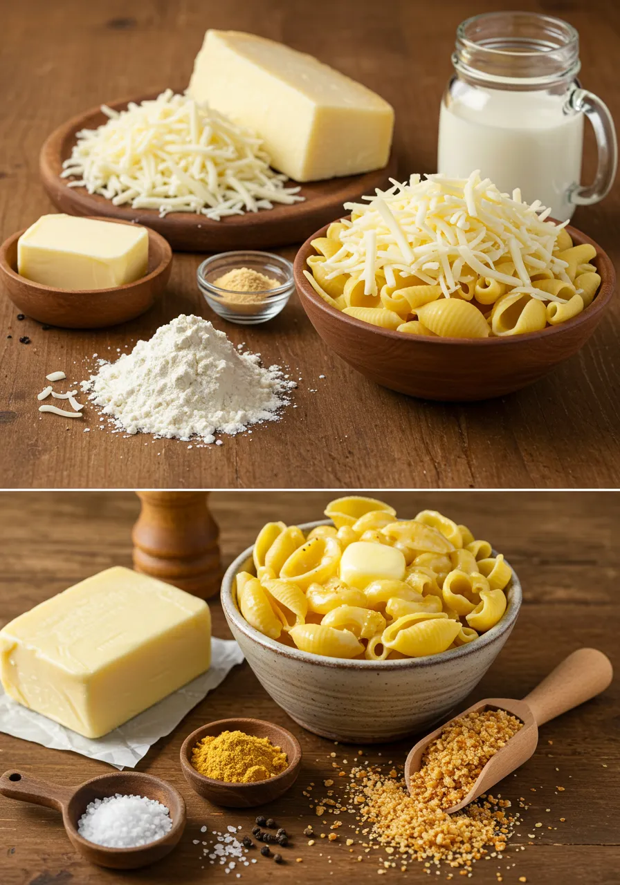 White cheddar cheese block and shredded pieces on a wooden board, showcasing its creamy texture and rich flavor.