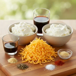 Creamy Port Wine Cheese Spread served with crackers and fresh fruit on a wooden board.