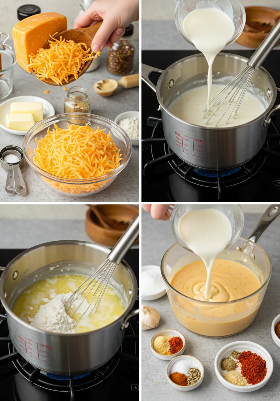 Melted Colby cheese sauce in a pan, smooth and creamy, perfect for mac and cheese or dipping.