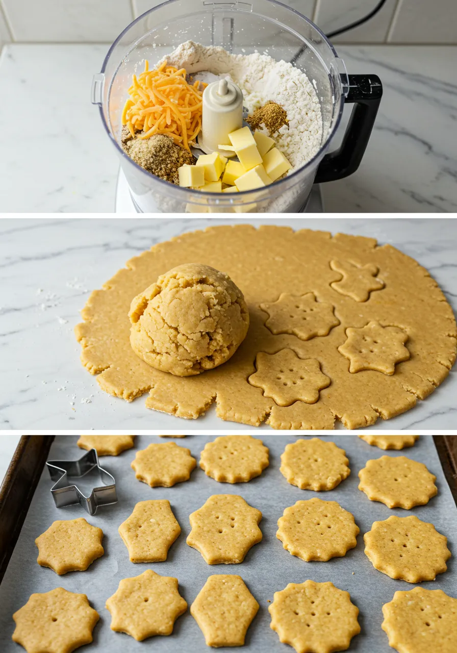 Golden, crispy homemade cheese crackers stacked on a wooden board.