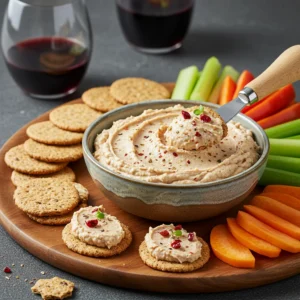 Creamy Port Wine Cheese Spread served with crackers and fresh fruit on a wooden board.