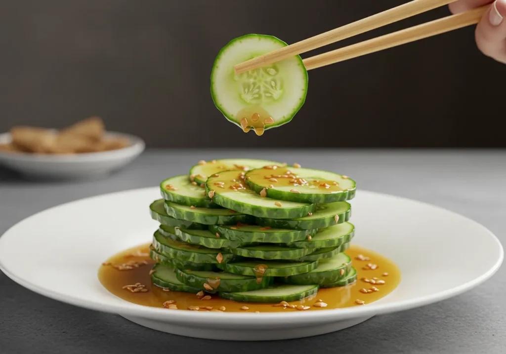 A bowl of Din Tai Fung cucumber salad, featuring crisp cucumber slices coated in a savory garlic-soy dressing with sesame seeds and chili oil.