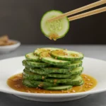 A bowl of Din Tai Fung cucumber salad, featuring crisp cucumber slices coated in a savory garlic-soy dressing with sesame seeds and chili oil.