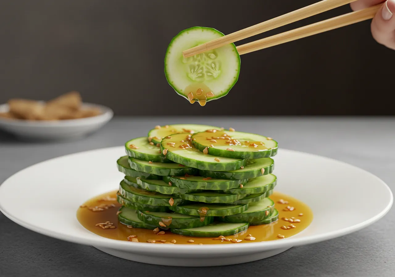A bowl of Din Tai Fung cucumber salad, featuring crisp cucumber slices coated in a savory garlic-soy dressing with sesame seeds and chili oil.