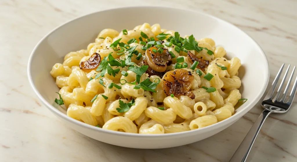 A creamy, cheesy bowl of upgraded Kraft Mac and Cheese with a rich, velvety sauce.