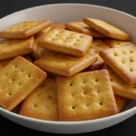Golden, crispy homemade cheese crackers stacked on a wooden board.