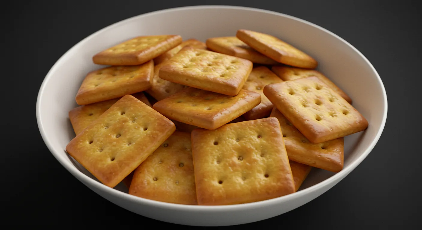 Golden, crispy homemade cheese crackers stacked on a wooden board.