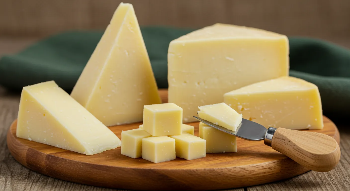White cheddar cheese block and shredded pieces on a wooden board, showcasing its creamy texture and rich flavor.