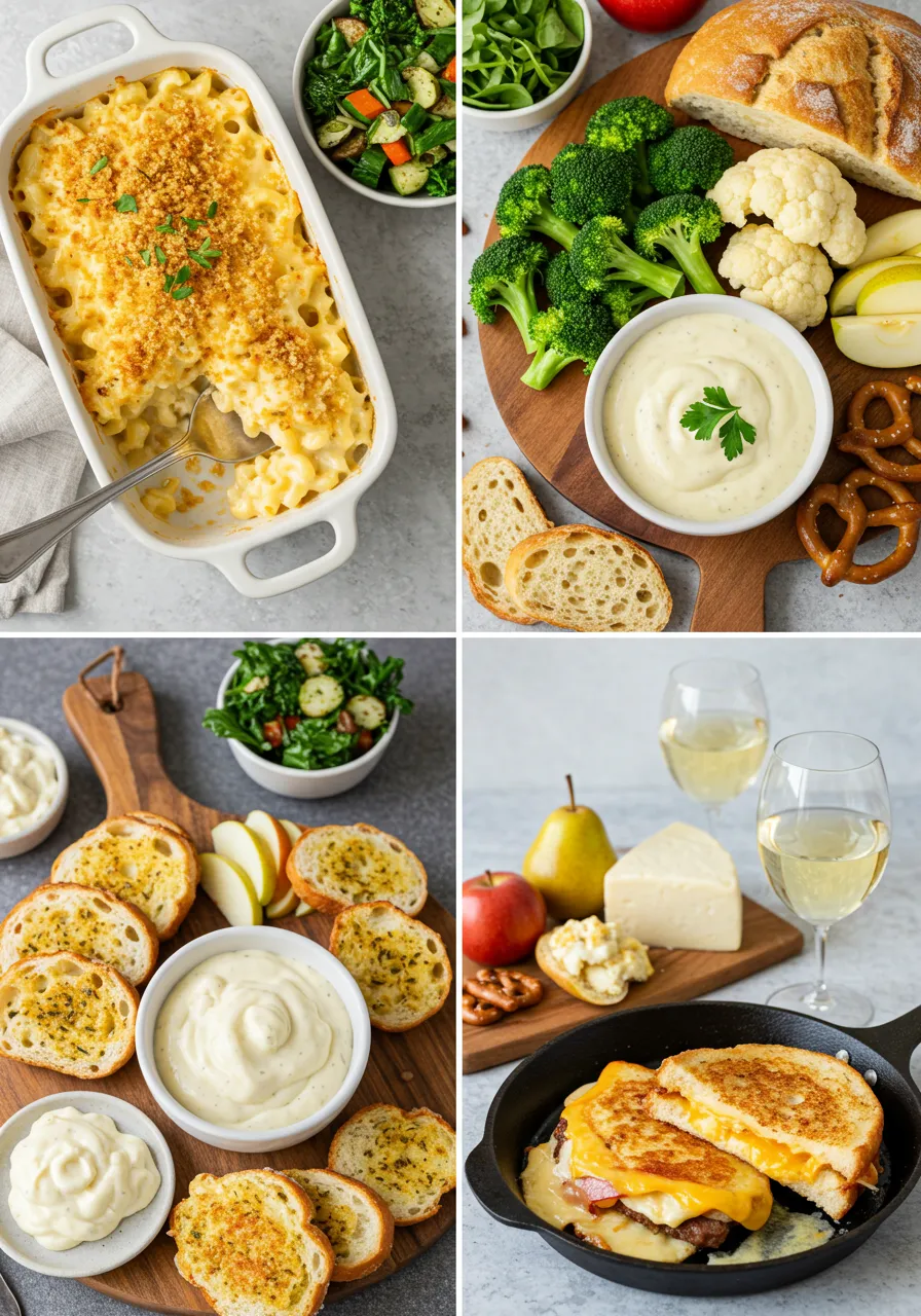 White cheddar cheese block and shredded pieces on a wooden board, showcasing its creamy texture and rich flavor.