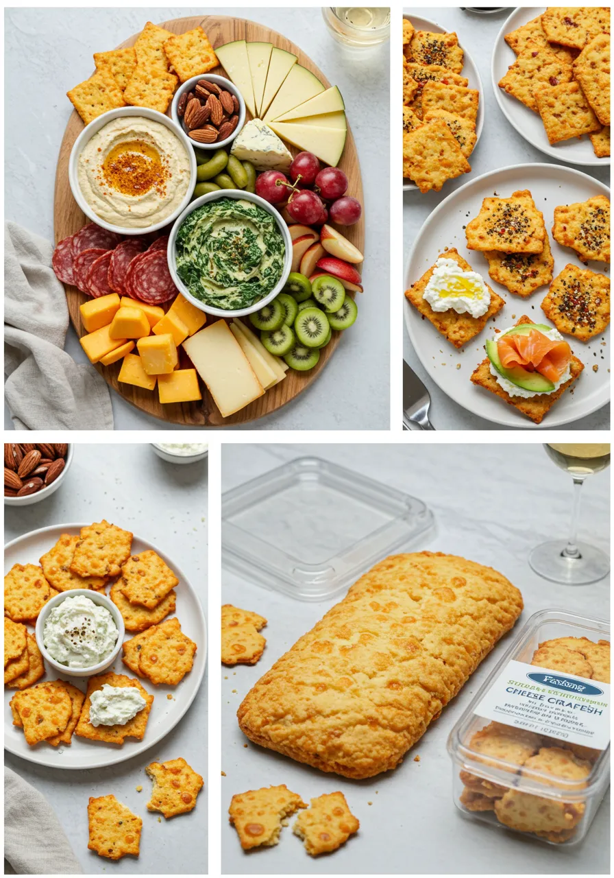 Golden, crispy homemade cheese crackers stacked on a wooden board.
