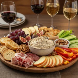 Creamy Port Wine Cheese Spread served with crackers and fresh fruit on a wooden board.