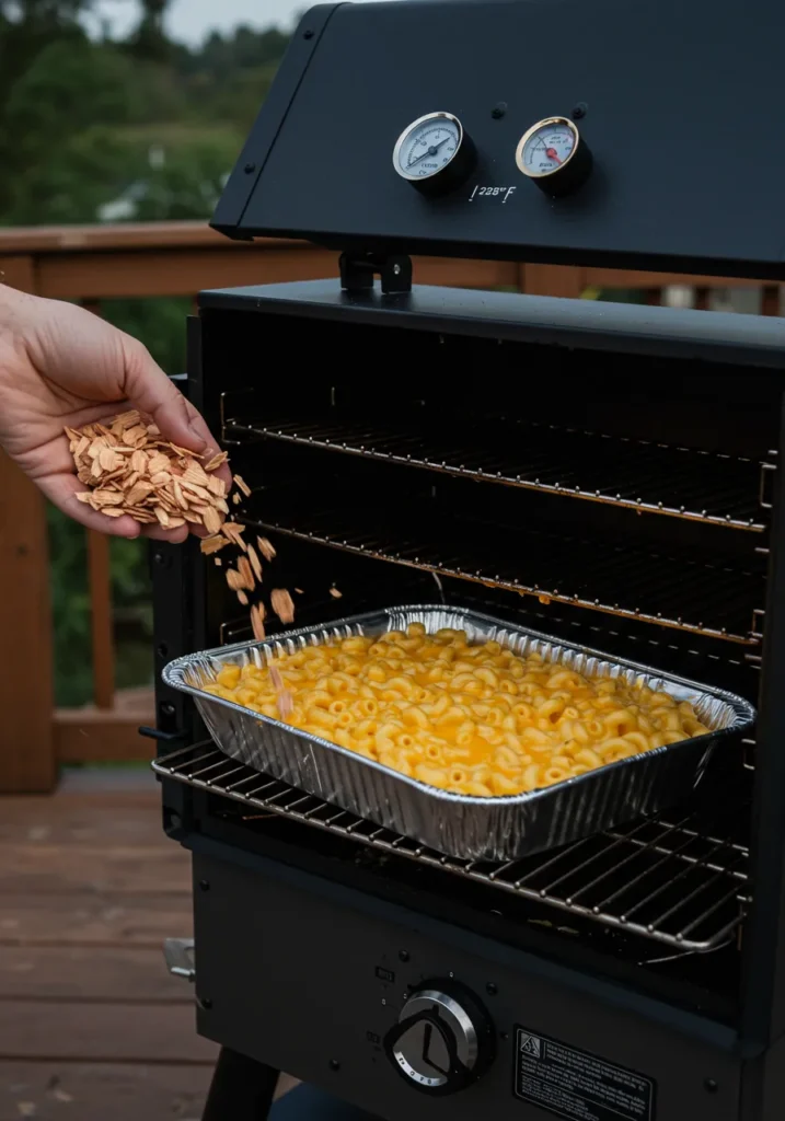 Smoked Mac Cheese Recipe with a rich, creamy cheese sauce and a golden, smoky crust.