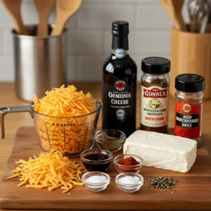 Creamy Port Wine Cheese Spread served with crackers and fresh fruit on a wooden board.