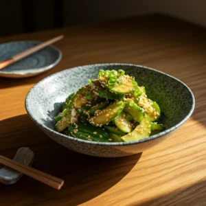 A bowl of Din Tai Fung cucumber salad, featuring crisp cucumber slices coated in a savory garlic-soy dressing with sesame seeds and chili oil.
