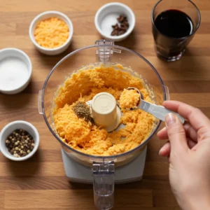 Creamy Port Wine Cheese Spread served with crackers and fresh fruit on a wooden board.