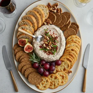 Creamy Port Wine Cheese Spread served with crackers and fresh fruit on a wooden board.