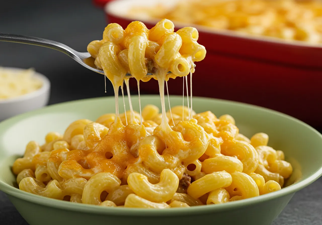 A creamy, golden macaroni and cheese bowl topped with crispy panko breadcrumbs, served in a white dish.