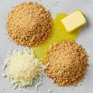 A creamy, golden macaroni and cheese bowl topped with crispy panko breadcrumbs, served in a white dish.
