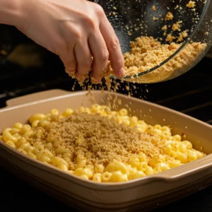 A creamy, golden macaroni and cheese bowl topped with crispy panko breadcrumbs, served in a white dish.