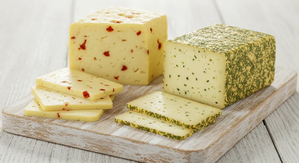 Sliced Havarti cheese with herbs and red pepper on a wooden board.