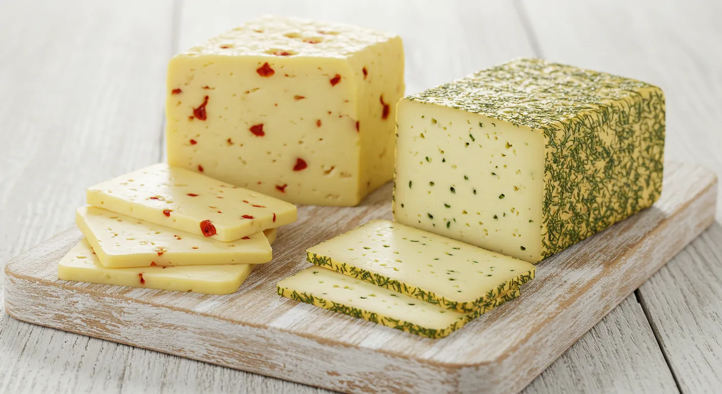 Sliced Havarti cheese with herbs and red pepper on a wooden board.