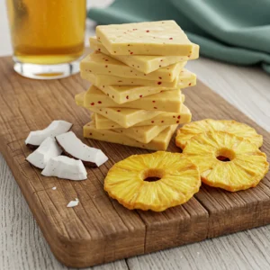 Sliced Havarti cheese with herbs and red pepper on a wooden board.