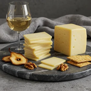 Sliced Havarti cheese with herbs and red pepper on a wooden board.
