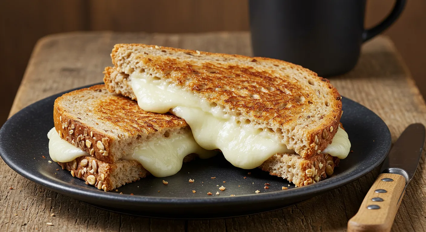 Grilled cheese sandwich on whole grain bread. Melted, reduced-fat cheese is visible. Focus keyword: Calories of a Grilled Cheese Sandwich.