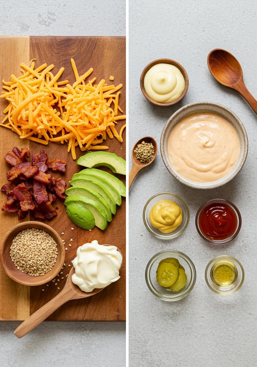 A delicious Cheeseburger Bowl filled with seasoned ground beef, fresh vegetables, cheddar cheese, and drizzled with creamy burger sauce.