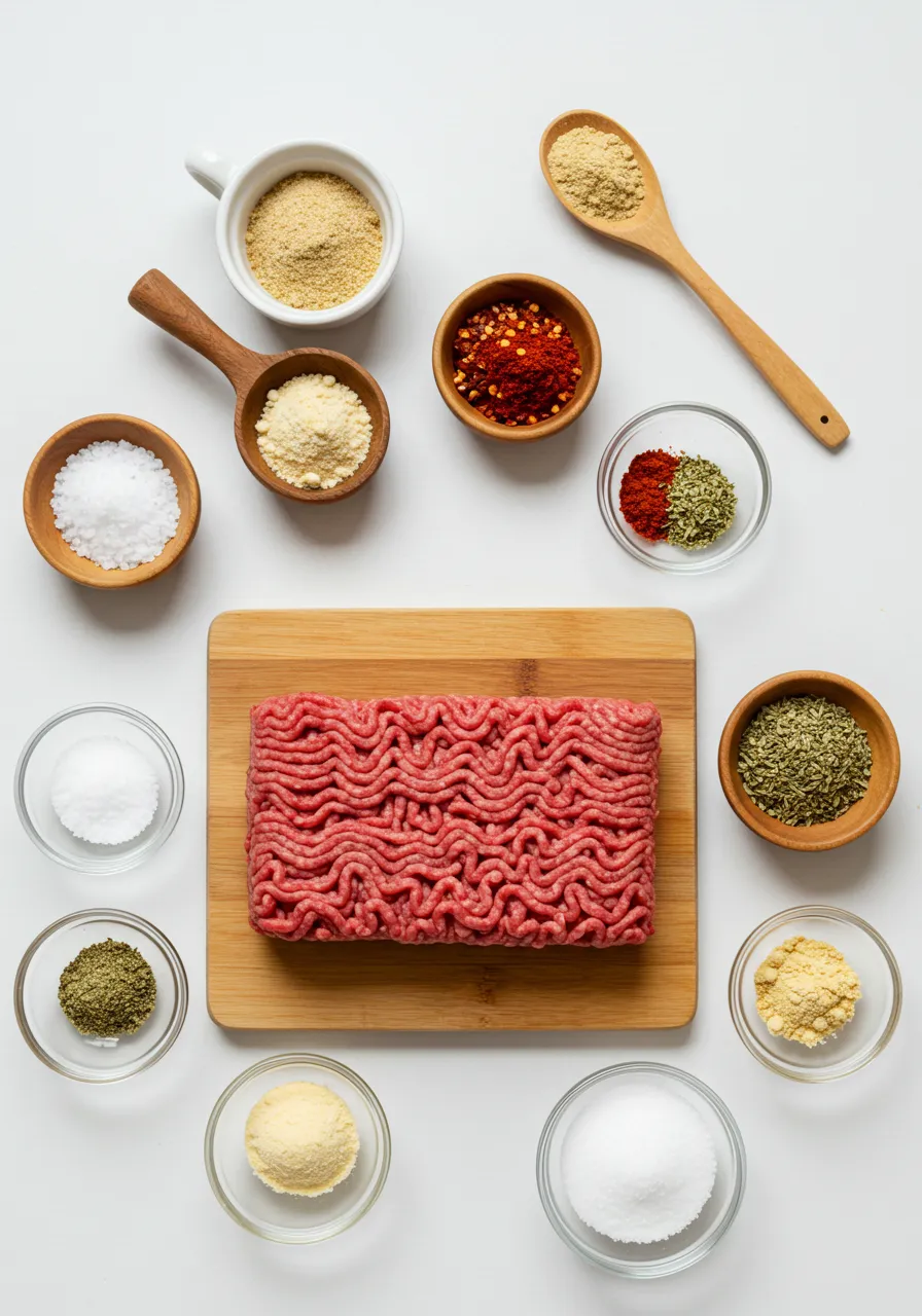 Sliced beef pepperoni stacked in a pile, showcasing its rich red color and marbled texture with flecks of fat.