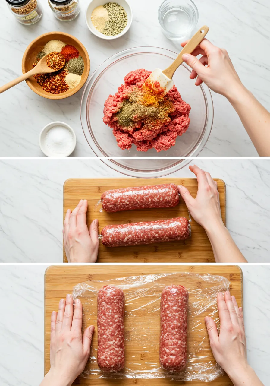 Sliced beef pepperoni stacked in a pile, showcasing its rich red color and marbled texture with flecks of fat.