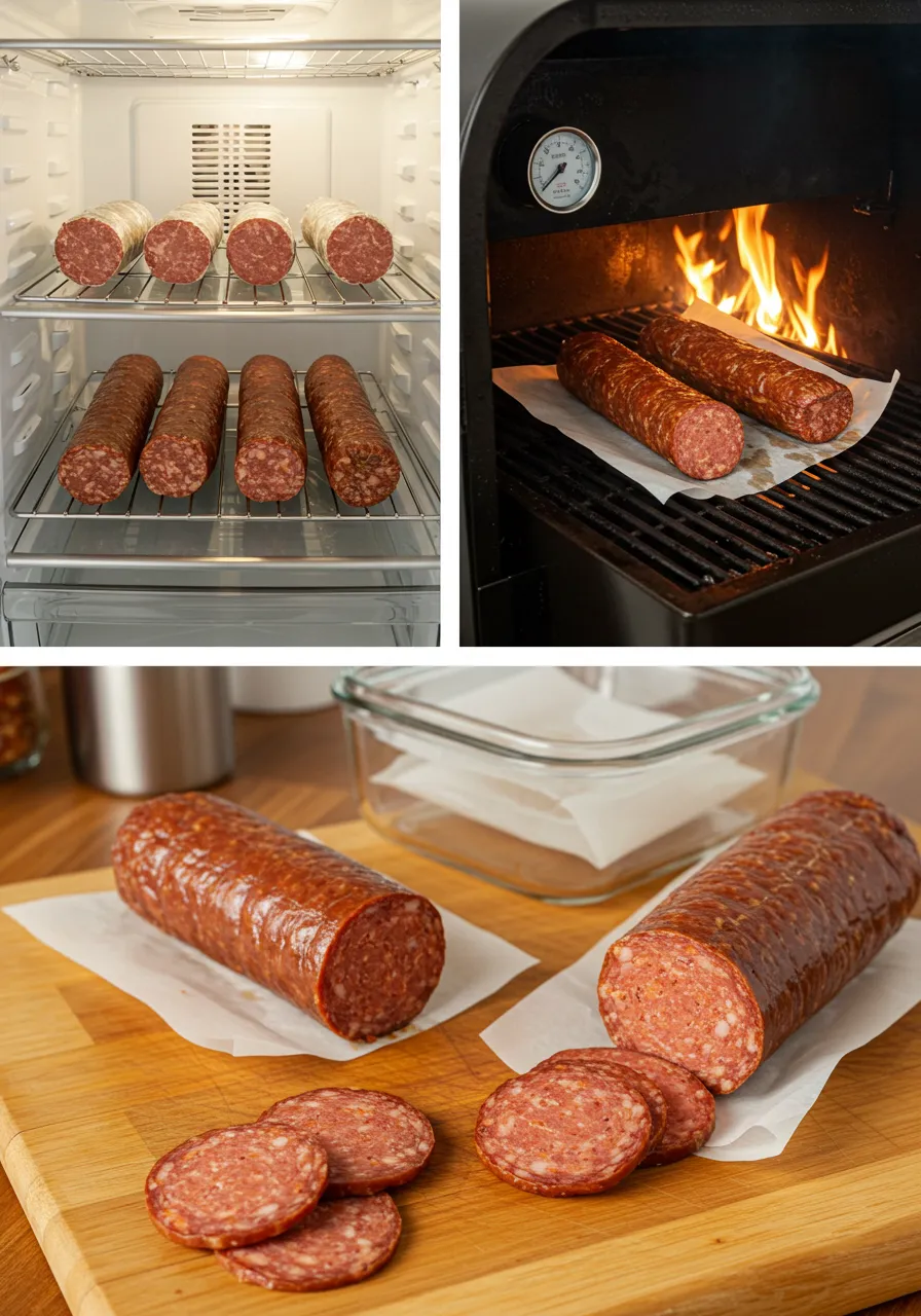 Sliced beef pepperoni stacked in a pile, showcasing its rich red color and marbled texture with flecks of fat.
