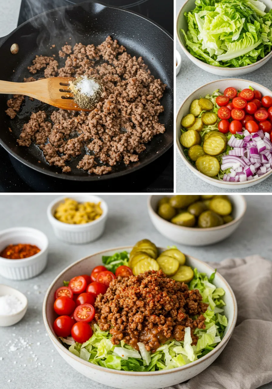 A delicious Cheeseburger Bowl filled with seasoned ground beef, fresh vegetables, cheddar cheese, and drizzled with creamy burger sauce.