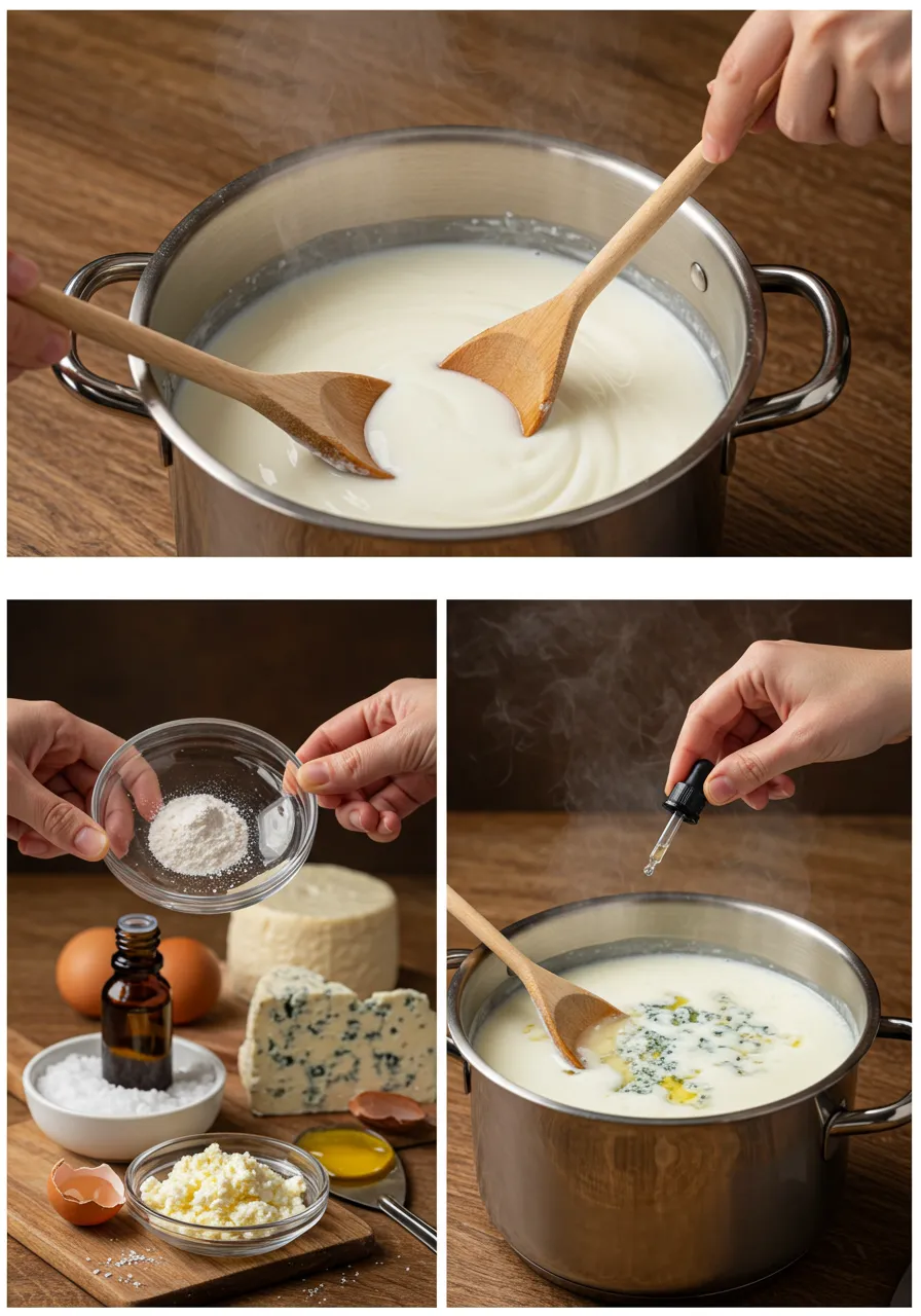 Close-up of creamy Gorgonzola cheese on a wooden board, with a cheese knife spreading its rich texture.
