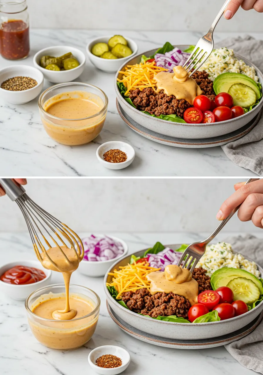 A delicious Cheeseburger Bowl filled with seasoned ground beef, fresh vegetables, cheddar cheese, and drizzled with creamy burger sauce.