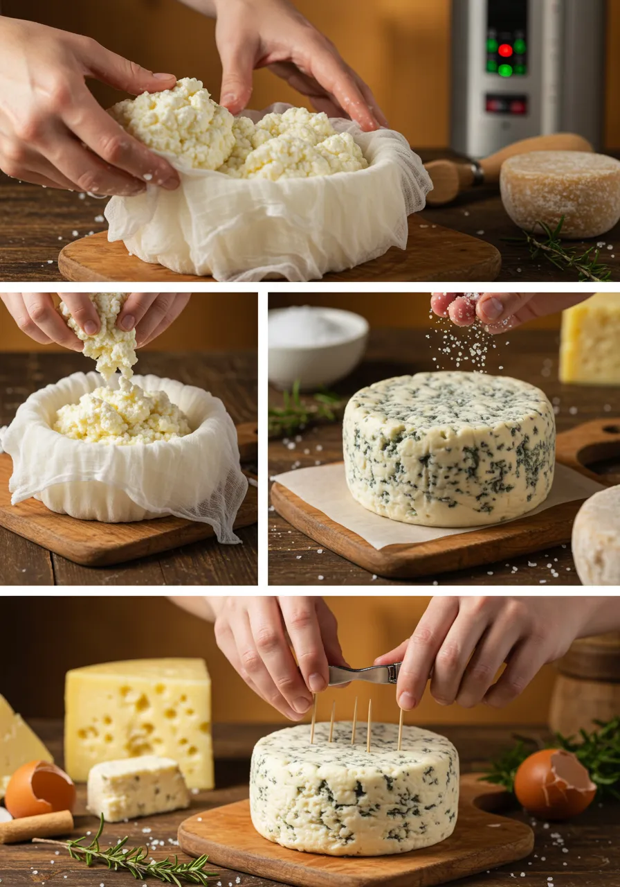 Close-up of creamy Gorgonzola cheese on a wooden board, with a cheese knife spreading its rich texture.
