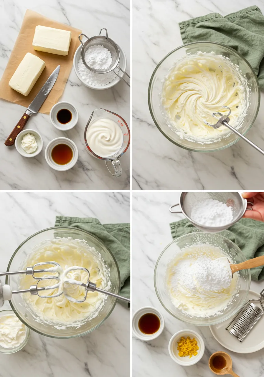 A smooth and creamy cream cheese filling in a bowl, ready to be spread or piped into desserts.