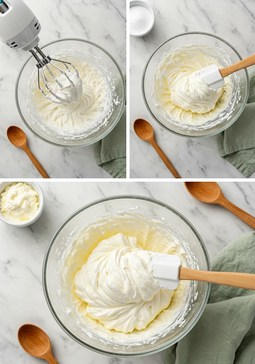 A smooth and creamy cream cheese filling in a bowl, ready to be spread or piped into desserts.