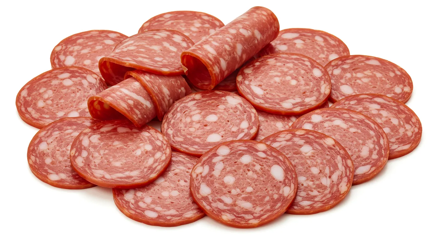 Sliced beef pepperoni stacked in a pile, showcasing its rich red color and marbled texture with flecks of fat.