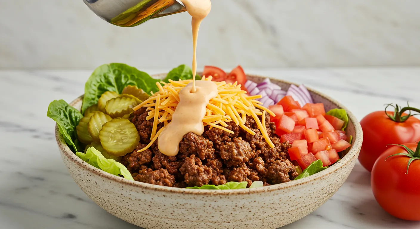 A delicious Cheeseburger Bowl filled with seasoned ground beef, fresh vegetables, cheddar cheese, and drizzled with creamy burger sauce.