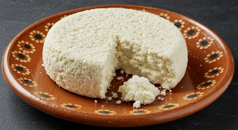 Crumbled Cotija cheese on a traditional Mexican terracotta plate, highlighting its crumbly texture and authentic appearance.