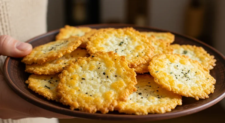 Crispy cottage cheese chips with a golden-brown texture, sprinkled with black pepper and herbs, served on a rustic plate.