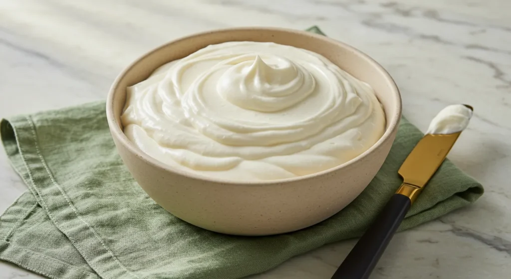 A smooth and creamy cream cheese filling in a bowl, ready to be spread or piped into desserts.