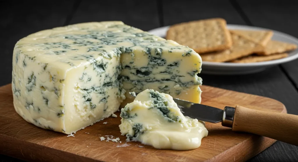Close-up of creamy Gorgonzola cheese on a wooden board, with a cheese knife spreading its rich texture.