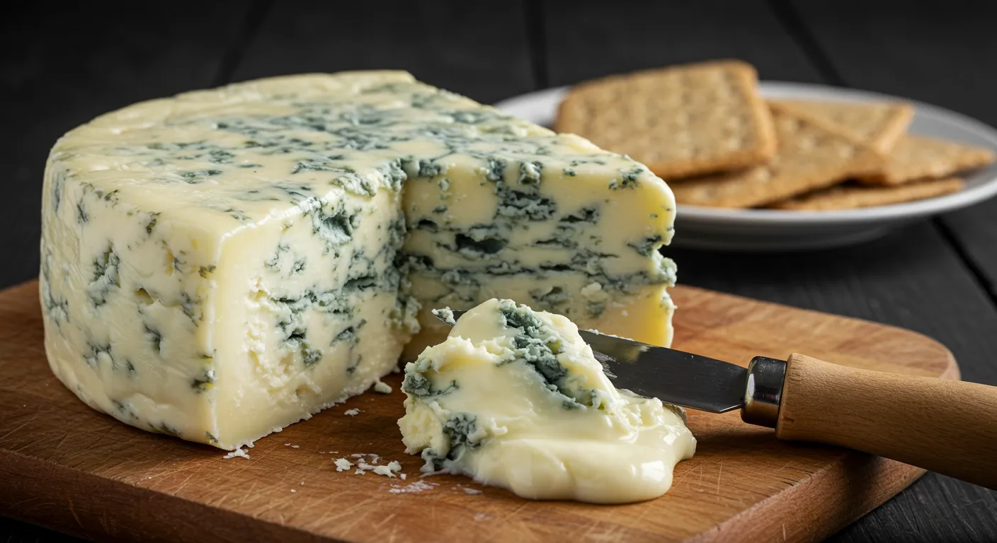 Close-up of creamy Gorgonzola cheese on a wooden board, with a cheese knife spreading its rich texture.