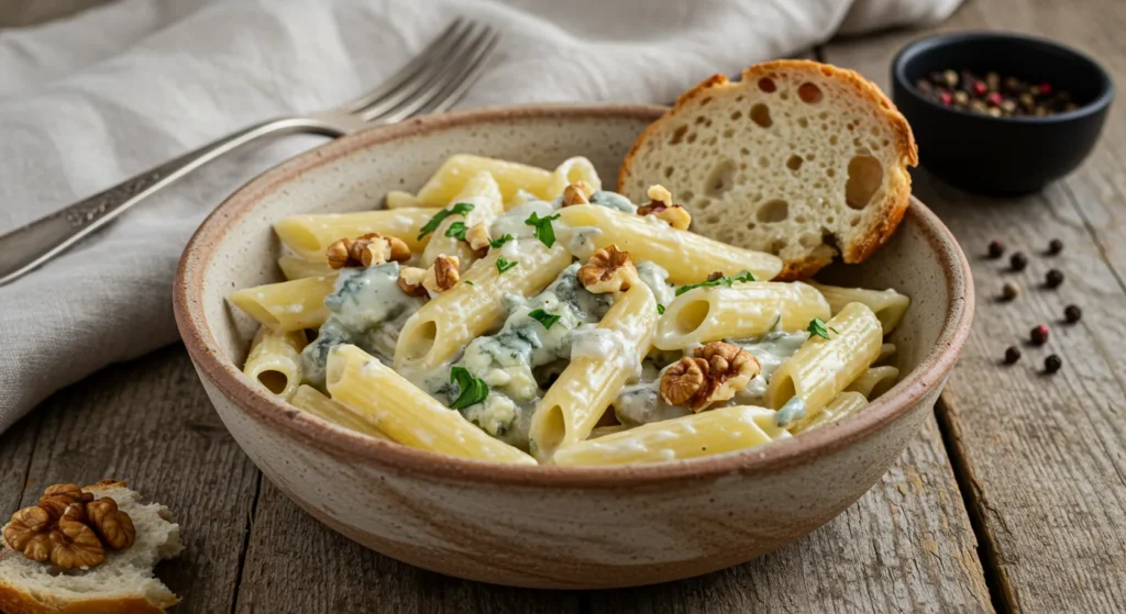 Creamy Gorgonzola cheese pasta with penne, garnished with toasted walnuts and fresh parsley, served in a rustic bowl.
