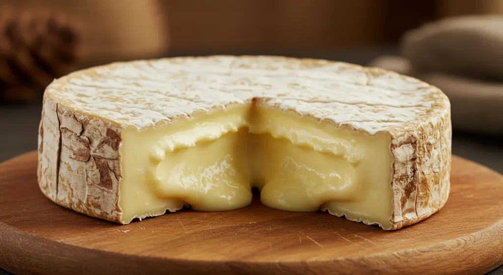 A wheel of Harbison Cheese with its top sliced open, revealing a rich, gooey interior.